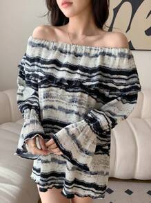 DAZY 荷叶边条纹喇叭袖衬衫，秋装长袖上衣