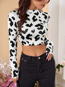 SHEIN EZwear Áo thun ngắn cổ đứng in hình con bò - Đen và trắng - Xem 4