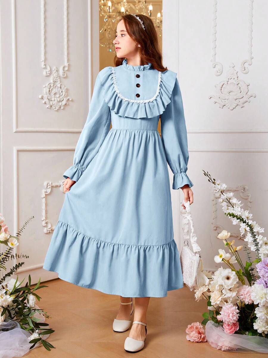 SHEIN Vestido Largo Casual Para Adolescente Con Ribete De Volantes Tejidos - Celeste - Ver 1