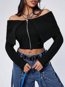 SHEIN EZwear Distressed Off Shoulder Zipper Front Cardigan - Black - View 1