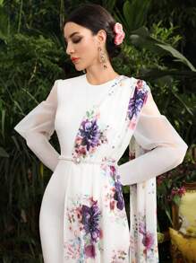 Mulvari Women'S Floral Pattern Sheer Long Sleeve Jumpsuit