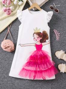 Robe à manches courtes à empiècement en tulle avec imprimé personnage pour les jeunes filles - Blanc - Voir 1