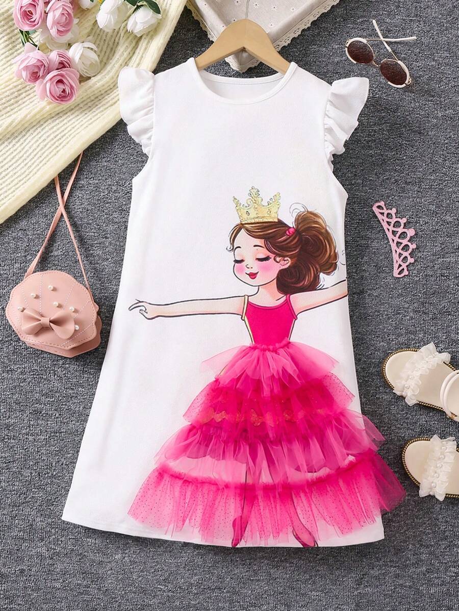 Robe à manches courtes à empiècement en tulle avec imprimé personnage pour les jeunes filles - Blanc - Voir 1