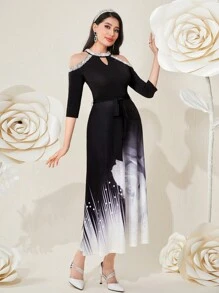 Modelyn Women's Open Shoulder Beaded Floral Printed Dress Long Evening Dresses - Multicolor - View 5