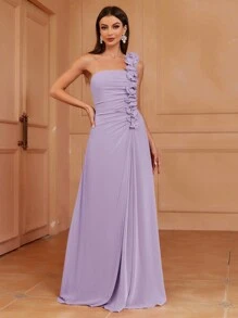 SHEIN Belle Vestido de Dama de Honra com Decote Assimétrico e Linha A, com Pregueados 3D, Babado (Adulto) Elegante Vestido de Festa, Formatura, Jantar, Casamento - Lavanda - Visão 6