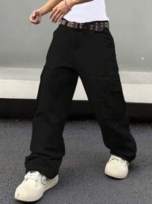 Manfinity EMRG Quần Jeans Cargo Màu Trơn Cho Nam Không Có Thắt Lưng - màu đen - Xem 5