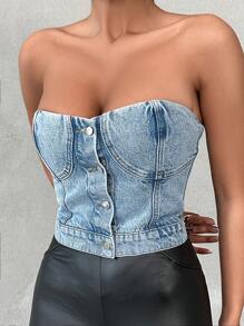 EURMUSE Women'S Denim Strapless Top With Single-Breasted Closure - Blue - View 4
