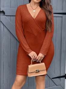 SHEIN Essnce 大尺碼女士交叉設計針織連衣裙,帶有細肋紋細節 - 鏽棕色 - 查看 6