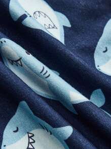 Baby Boy Snug Fit Pajama Set - Cartoon Shark Patterned Short Sleeve Round Neck Top And Casual Shorts 2pcs