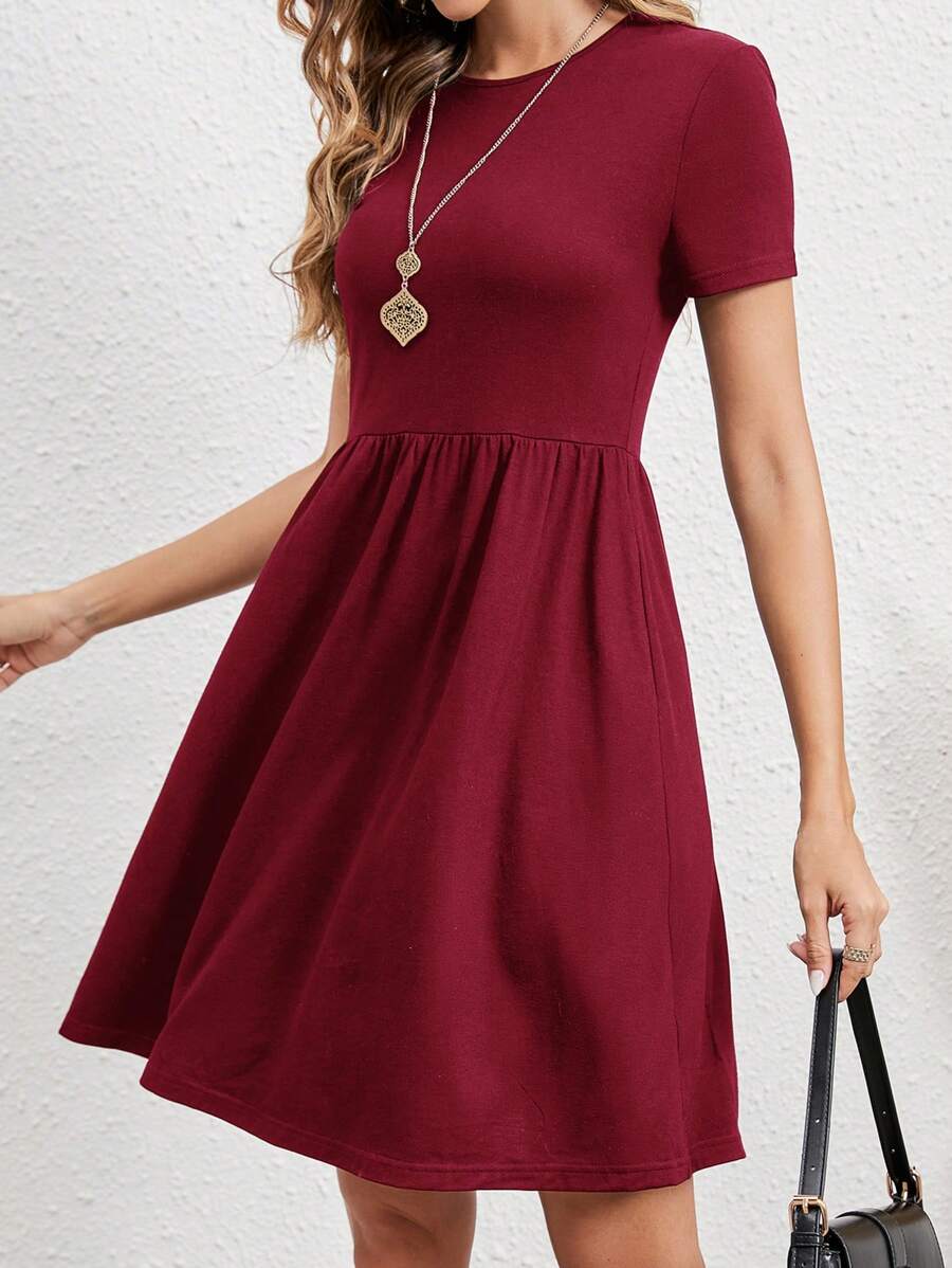 EMERY ROSE Women's Summer Red Elastic Waist Short Sleeves Dress - Burgundy - View 1