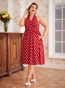 Vintamour Vintage Elegant Plus Size Polka Dot V-Neck Bow Tie Waist Ruched Flare Dress - Red - View 3