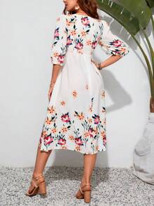 SHEIN VCAY Summer Women's Floral Printed Casual White  Long Dress With Sleeves - White - View 2