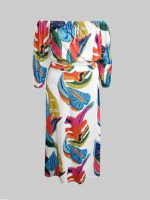 LovelyWholesale Plus Allover Print Off Shoulder Lantern Sleeve Crop Top & Skirt - Multicolor - View 3
