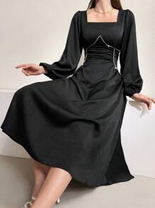 Modelyn Square Collar Lantern Sleeve Dress - Black - View 5