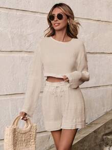 SHEIN Cottnline Drop Shoulder Crop Tee & Drawstring Waist Shorts - Apricot - View 2