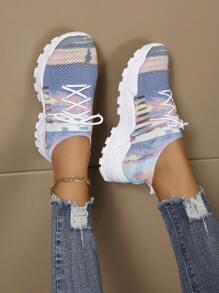 秋冬女士时尚印花休闲运动鞋、跑步鞋、学生鞋和登山鞋、女式运动鞋 - 彩色 - 查看 4