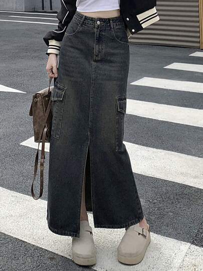 DAZY Women'S Denim Maxi Skirt With Split Hem And Pockets Jeans Skirt