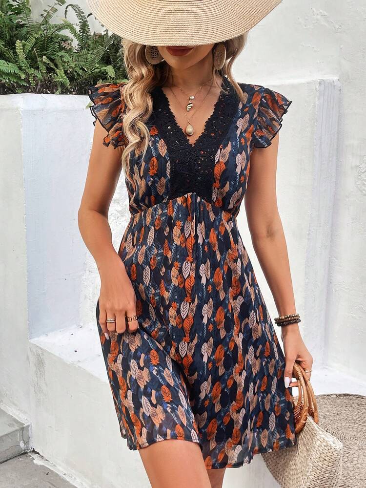 Women'S Lace Splice Plant Printed Contrast Lace Doll Dress Butterfly Sleeve Dress Summer