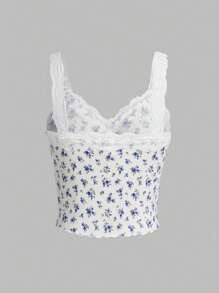 SHEIN Teen Girl Knitted Spliced Lace Trim Floral Pattern Casual Camisole Tank Top Top