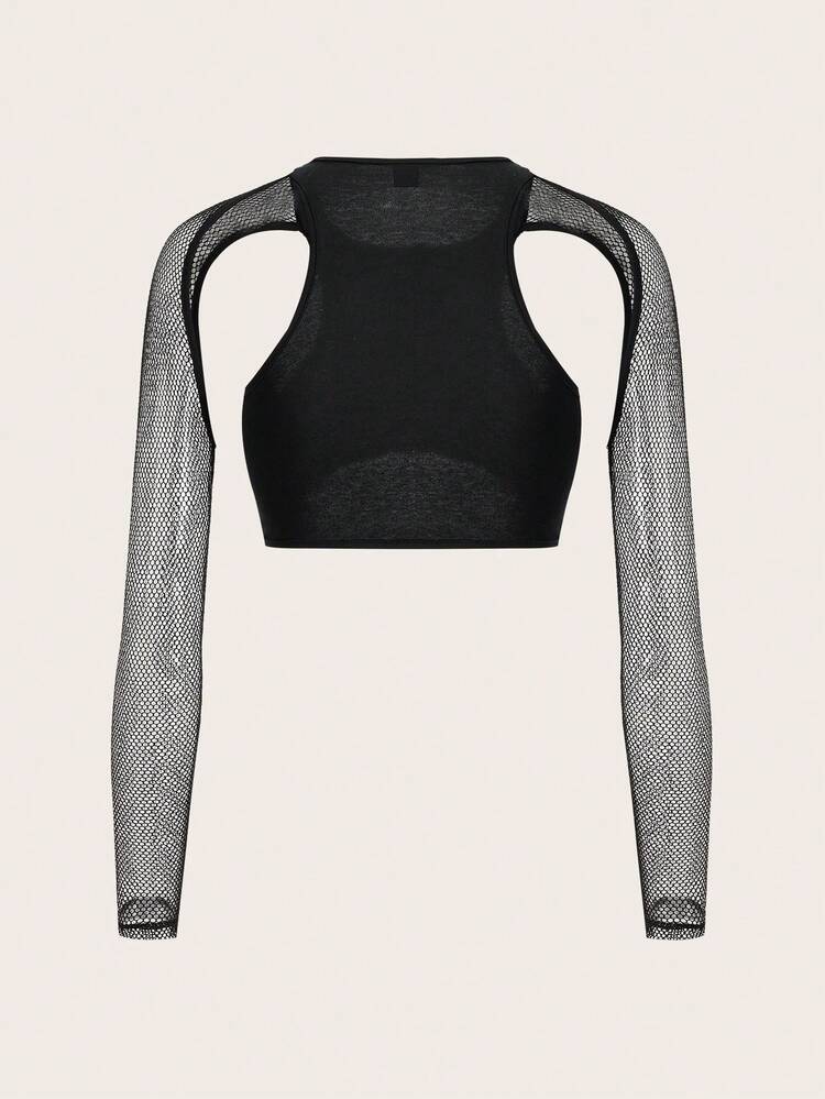 Mesh Contrast Hollow Out Cropped Y2K Cropped Black Spring Going Out Top