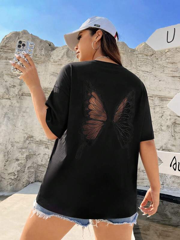 SHEIN EZwear Plus Size Women's Drop Shoulder Short Sleeve T-Shirt With Butterfly Net Back Patchwork