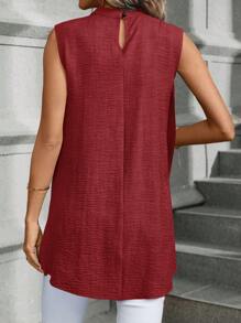 EMERY ROSE Quý cô Không tay Màu thuần Viền không đối xứng Áo sơ mi - Màu Đỏ Sâu - Xem 2