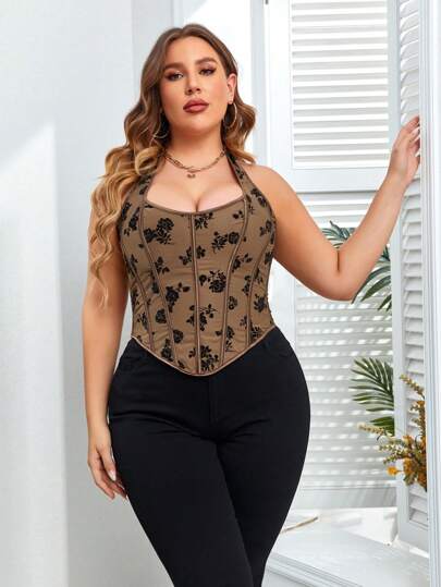 Apperloth A Top corto halter de lace up en la espalda con bordado floral de terciopelo, para festivales de verano y raves