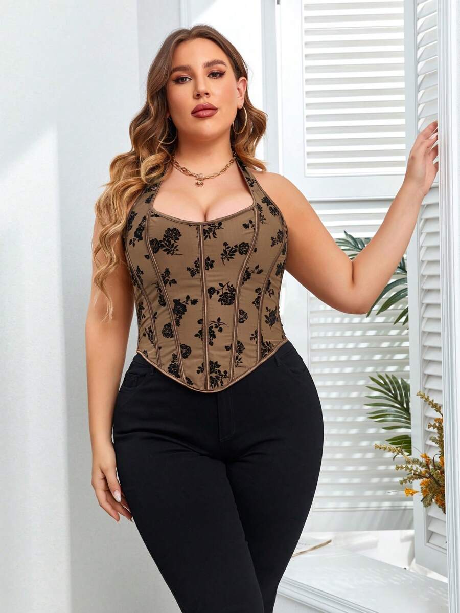 Plus Summer Rave Festival Velvet Floral Embroidery Bandana Hem Lace Up Back Bustier Corset Shapewear Crop Halter Top Music Festival - 棕色 - 查看 1