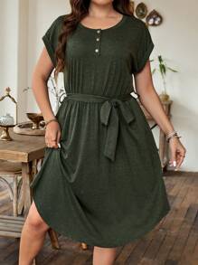 SHEIN LUNE Đầm chữ A cổ tròn tay cánh dơi thường ngày cỡ lớn cho nữ có dây buộc eo, trang phục mùa hè - xanh quân đội - Xem 1