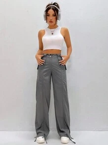 SHEIN EZwear Pantalones De Pierna Recta De Color Sólido Para Mujer