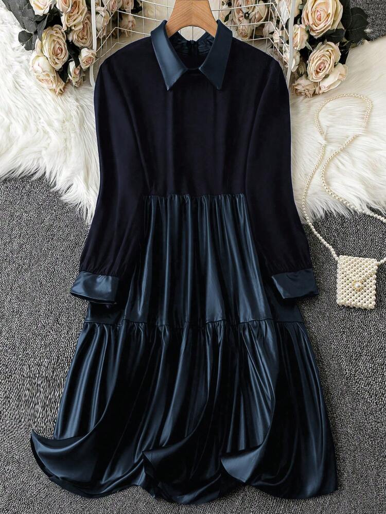 Ladies' Color-Contrasted Spliced Pu Dress Fall Cloth For Women