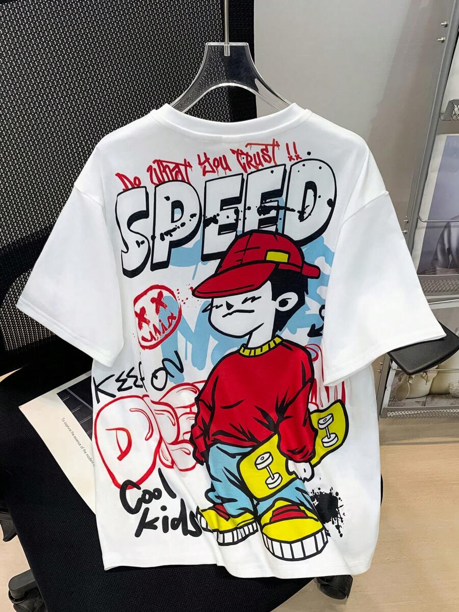 SHEIN 青少年男孩休閒街頭風格字母&臉部印花圓領短袖針織t卹