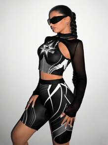 SHEIN ICON Women'S Star Patterned Mesh Hollow Out Top And Shorts Set - Black - View 1