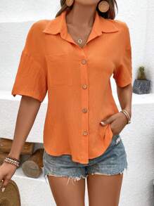 Breezaya Camisa De Manga Corta De Color Liso Con Textura, Detalle De Bolsillo Y Botones En Contraste - Naranja - Ver 4