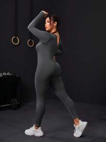 SHEIN Rhythm Era Plus Size Solid Color Thumb Hole Bodycon Sports Jumpsuit - Grey - View 1