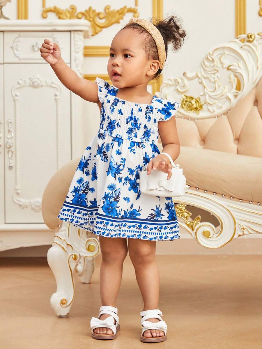 Vestido de manga corta y línea A con estampado floral azul para bebé niña - Azul - Ver 1