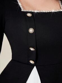 Modelyn Vestido De Mujer Con Aplique De Piedra De Diamante Del Cuello Cuadrado Y Pliegue De Bloque De Color - Blanco y Negro - Ver 4