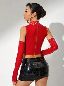 SHEIN ICON 女款纖身心型裝飾直立領露肩剪裁長袖紅色T恤 - 紅色 - 查看 2