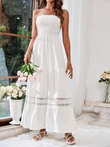 SHEIN VCAY Holiday Lace Splice Strapless Maxi White Dress - White - View 3