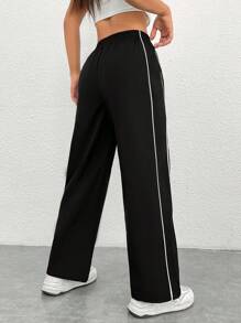 SHEIN PETITE Pantalones De Pierna Recta Con Color Contrastante Lateral - Negro - Ver 2