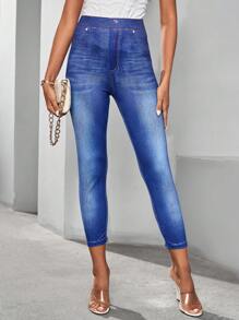 SHEIN Clasi 女士高腰緊身牛仔打底褲 - 藍色 - 查看 4