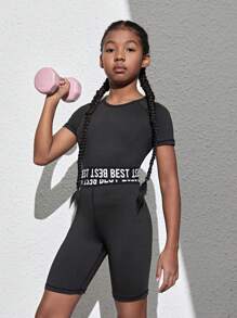 SHEIN Cô gái Tween Dệt kim In thư Áo thun Và Quần short Thể thao Hai Bộ - màu đen - Xem 1