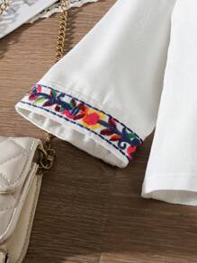 SHEIN Trẻ Cô gái Thực vật Thêu Áo len Mở áo - trắng - Xem 4