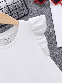 SHEIN 幼兒女童甜美時尚的針織波浪袖圓領連衣裙,適合日常穿著 - 白色 - 查看 3