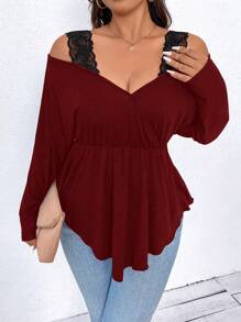 Calvaya 大尺碼蕾絲拼接露肩T恤 - 酒紅色 - 查看 4