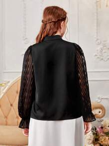 SHEIN 少女立領蕾絲拼布透視網層疊袖襯衫帶有剪裁 - 黑色 - 查看 2