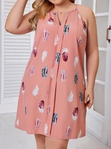 SHEIN LUNE 大碼羽毛印花v領細肩帶連身裙 - 彩色 - 查看 3