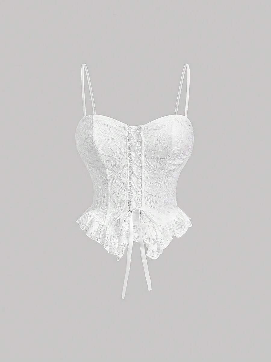 SHEIN MOD Women's White Lace-Up Lace Camisole Tank Top - White - View 1