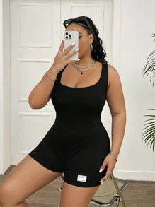 SHEIN EZwear 女裝大碼字母印花連身褲 - 黑色 - 查看 3