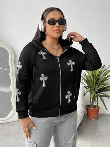 SHEIN EZwear Áo khoác giữ nhiệt cỡ lớn đính đá hình chữ thập, vai rớt, dây rút, khóa kéo, thích hợp cho lễ tốt nghiệp mùa đông, trang phục tựu trường, lễ tốt nghiệp, trang phục giáo viên dành cho nữ, trang phục trở lại trường học. - màu đen - Xem 5